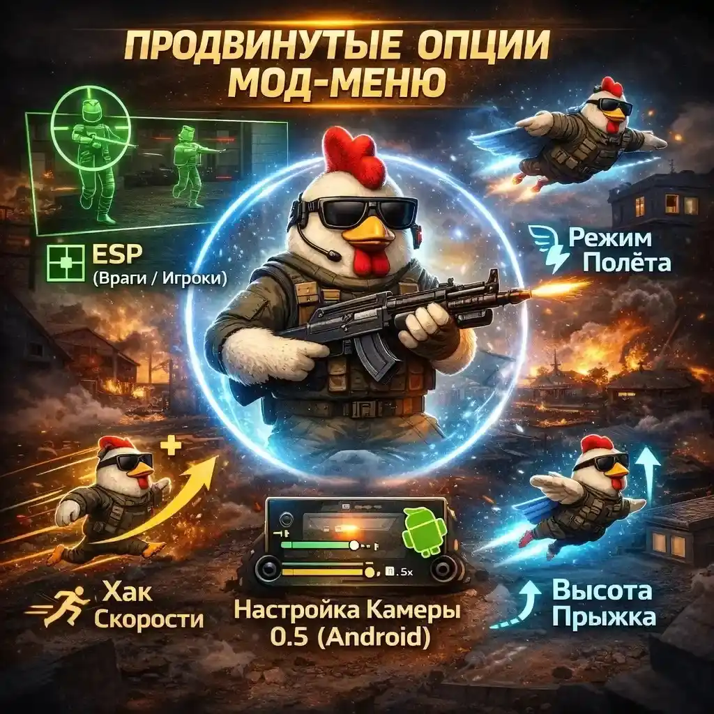 Продвинутые опции мод-меню Chicken Gun с ESP, скоростью, полётом и настройкой камеры